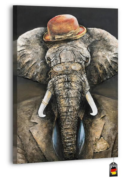 Acryl Bild eines Elefant mit Hut mit Gold Effekten