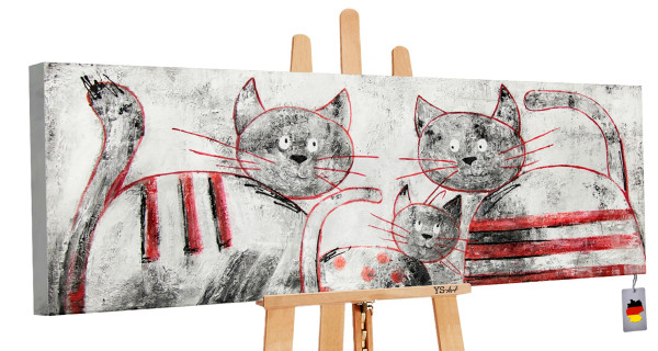 Acryl gemälde Katzenfamilie in Grau mit Roten Streifen