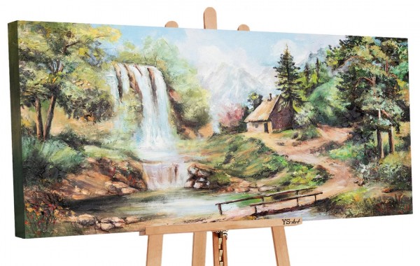Ruhiges Acryl Gemälde Wasserfall im Dorf an einem Bach