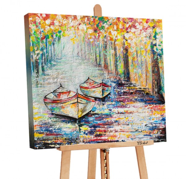 Qudratisches Gemälde zwei Boote an einem lauen Herbstag