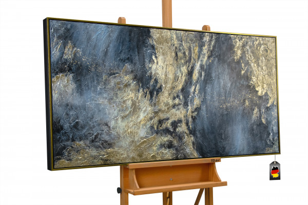 Öl Gemälde Abstrakt in Blau und Gold mit Rahmen