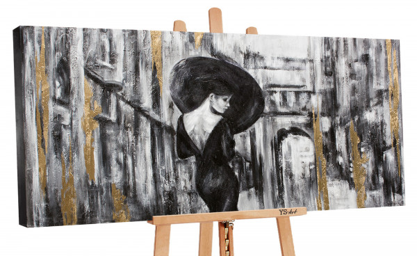 Gemälde einer Hübschen Frau mit einem Großen Hut in Schwarz Gold