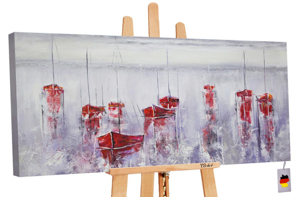 Violette Malerei mit 9 Roten Segelbooten am Hafen Wasser