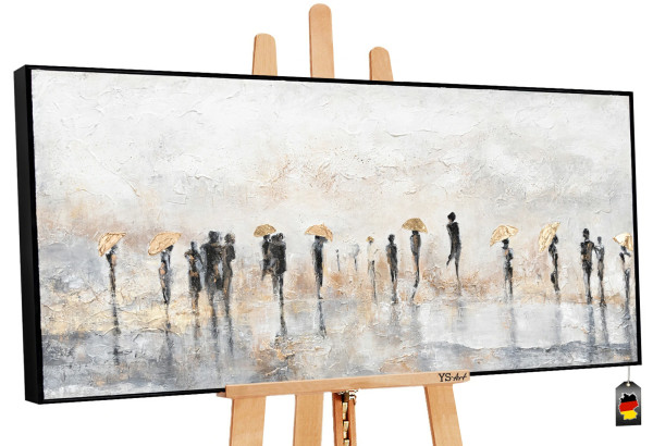Öl Gemälde Menschen mit Regenschirm in Gold mit Rahmen