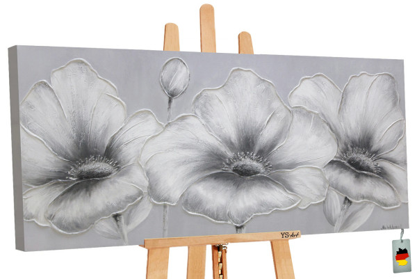 Graues Ölgemälde mit 3 Weißem Blumen und einer Knospe